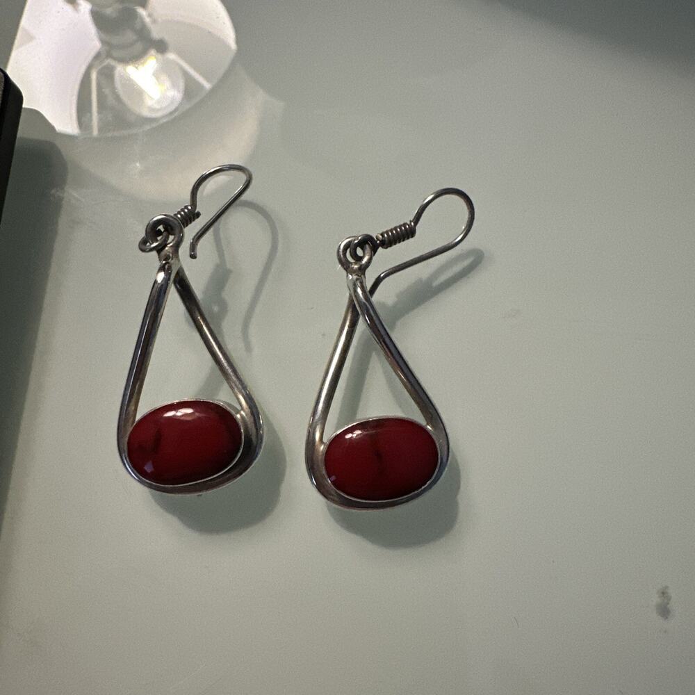 STUNNING STERLING SILVER RED CORAL DROP DANGLE EARRINGS 14.84 g